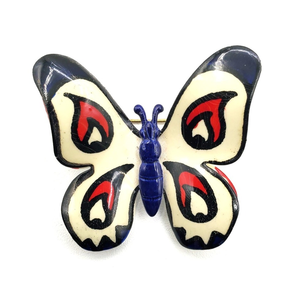 Vintage W. Germany 3D Red White Black & Purple Butterfly Brooch Pin